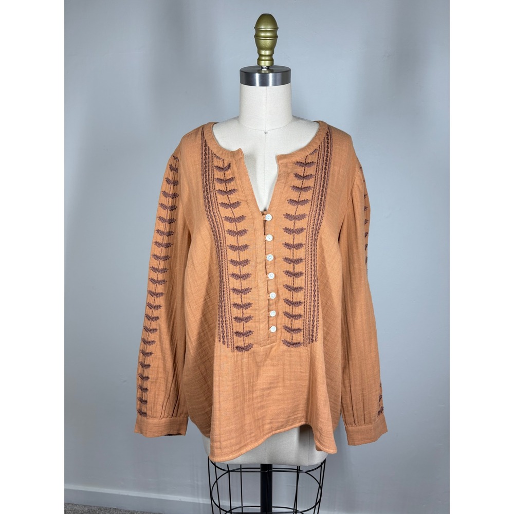 Pure Jill Womens Blouse LP Burnt Orange Embroidered Gauze Boho Peasant Top - Picture 10 of 14